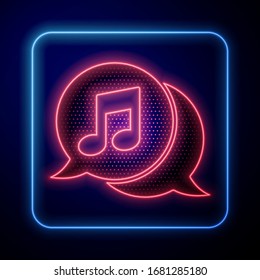 Glowing neon Musical note in speech bubble icon isolated on blue background. Music and sound concept.  Vector Illustration