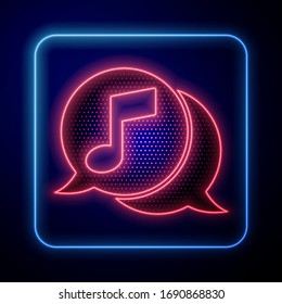 Glowing neon Musical note in speech bubble icon isolated on blue background. Music and sound concept.  Vector Illustration
