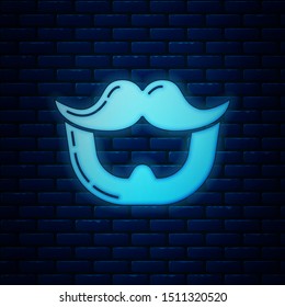 Glowing neon Mustache and beard icon isolated on brick wall background. Barbershop symbol. Facial hair style.  Vector Illustration