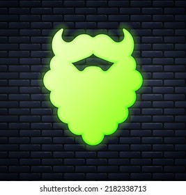 Glowing neon Mustache and beard icon isolated on brick wall background. Barbershop symbol. Facial hair style.  Vector