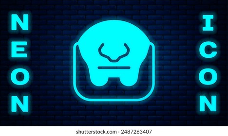 Glowing neon Mustache and beard icon isolated on brick wall background. Barbershop symbol. Facial hair style.  Vector