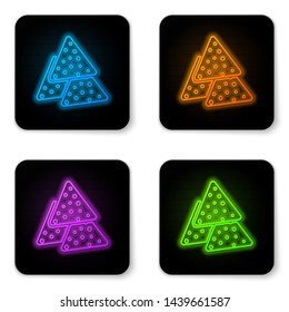 Glowing neon Nachos icon isolated on white background. Tortilla chips or nachos tortillas. Traditional mexican fast food. Black square button. Vector Illustration