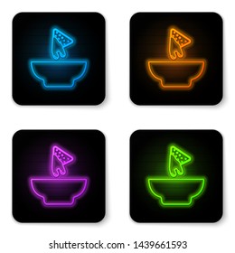 Glowing neon Nachos in plate icon isolated on white background. Tortilla chips or nachos tortillas. Traditional mexican fast food. Black square button. Vector Illustration