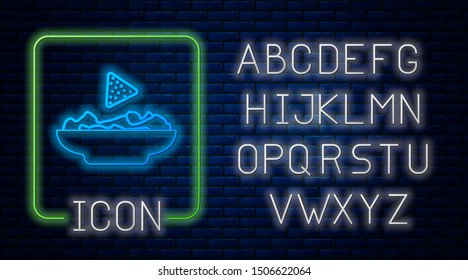 Glowing neon Nachos in plate icon isolated on brick wall background. Tortilla chips or nachos tortillas. Traditional mexican fast food. Neon light alphabet. Vector Illustration