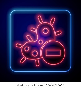 Glowing neon Negative virus icon isolated on blue background. Corona virus 2019-nCoV. Bacteria and germs, cell cancer, microbe, fungi.  Vector Illustration