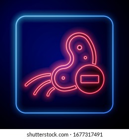 Glowing neon Negative virus icon isolated on blue background. Corona virus 2019-nCoV. Bacteria and germs, cell cancer, microbe, fungi.  Vector Illustration