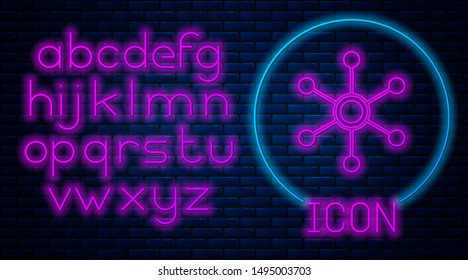 Glowing neon Network icon isolated on brick wall background. Global network connection. Global technology or social network. Connecting dots and lines. Neon light alphabet. Vector Illustration