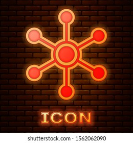 Glowing neon Network icon isolated on brick wall background. Global network connection. Global technology or social network. Connecting dots and lines.  Vector Illustration