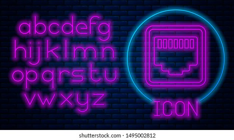 Glowing neon Network port - cable socket icon isolated on brick wall background. LAN, ethernet port sign. Local area connector icon. Neon light alphabet. Vector Illustration
