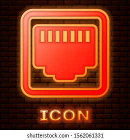 Glowing neon Network port - cable socket icon isolated on brick wall background. LAN, ethernet port sign. Local area connector icon.  Vector Illustration