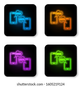 Glowing neon New chat messages notification on phone icon isolated on white background. Smartphone chatting sms messages speech bubbles. Black square button. Vector Illustration