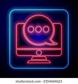 Glowing neon New chat messages notification on monitor icon isolated on blue background. Smartphone chatting sms messages speech bubbles.  Vector Illustration