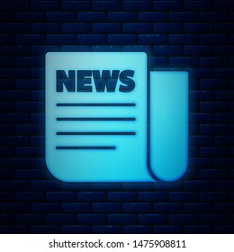 Glowing neon News icon isolated on brick wall background. Newspaper sign. Mass media symbol.  Vector Illustration