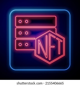 Glowing neon NFT blockchain technology icon isolated on black background. Non fungible token. Digital crypto art concept.  Vector