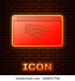 Glowing neon No Internet connection icon isolated on brick wall background. No wireless wifi or sign for remote internet access.  Vector Illustration