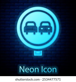 Glowing neon No overtaking road traffic icon isolated on brick wall background. Traffic rules and safe driving.  Vector
