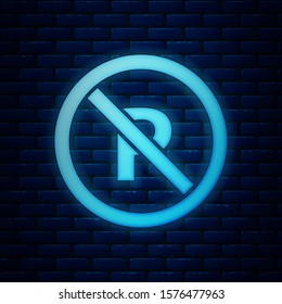 Glowing neon No Parking or stopping icon isolated on brick wall background. Street road sign.  Vector Illustration