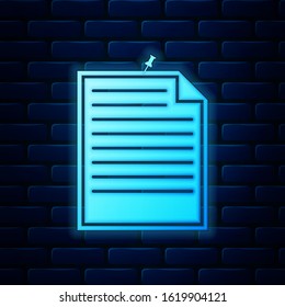 Glowing neon Note paper with pinned pushbutton icon isolated on brick wall background. Memo paper sign.  Vector Illustration