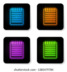 Glowing neon Notebook icon isolated on white background. Spiral notepad icon. Writing pad. Diary for business. Notebook cover design. Office stationery items. Black square button. Vector Illustration