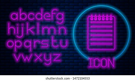 Glowing neon Notebook icon isolated on brick wall background. Spiral notepad icon. Writing pad. Diary for business. Notebook cover design. Neon light alphabet. Vector Illustration