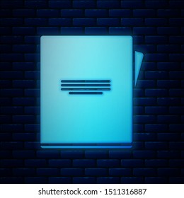 Glowing neon Notebook icon isolated on brick wall background. Spiral notepad icon. School notebook. Writing pad. Diary for school.  Vector Illustration