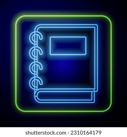 Glowing neon Notebook icon isolated on blue background. Spiral notepad icon. School notebook. Writing pad. Diary for school.  Vector