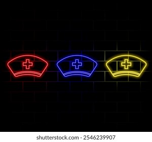 Glowing neon Nurse hat with cross icon isolated on brick wall background. Medical nurse cap sign. Vector Illustration