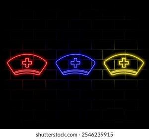 Glowing neon Nurse hat with cross icon isolated on brick wall background. Medical nurse cap sign. Vector Illustration.