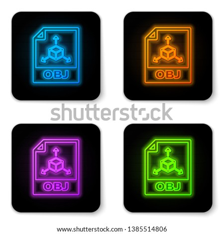Glowing neon OBJ file document icon. Download obj button icon isolated on white background. OBJ file symbol. Black square button. Vector Illustration