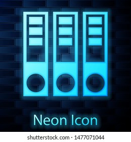 Glowing neon Office folders with papers and documents icon isolated on brick wall background. Office binders. Archives folder sign.  Vector Illustration