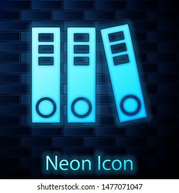 Glowing neon Office folders with papers and documents icon isolated on brick wall background. Office binders. Archives folder sign.  Vector Illustration