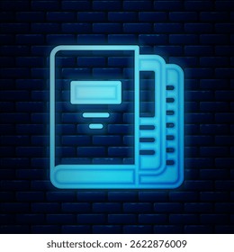 Glowing neon Office folders with papers and documents icon isolated on brick wall background. Office binders. Archives folder sign.  Vector
