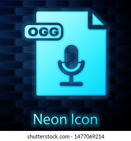 Glowing neon OGG file document. Download ogg button icon isolated on brick wall background. OGG file symbol.  Vector Illustration