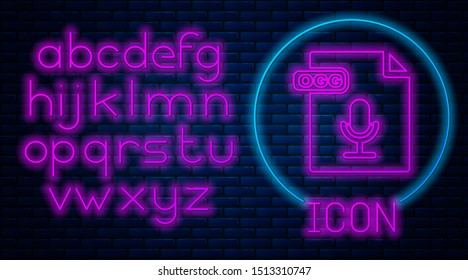 Glowing neon OGG file document. Download ogg button icon isolated on brick wall background. OGG file symbol. Neon light alphabet. Vector Illustration