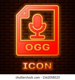 Glowing neon OGG file document. Download ogg button icon isolated on brick wall background. OGG file symbol.  Vector Illustration