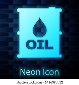 Glowing neon Oil barrel icon isolated on brick wall background. Oil drum container. For infographics, fuel, industry, power, ecology. Vector Illustration