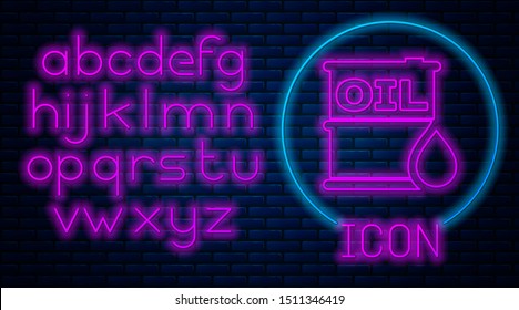 Glowing neon Oil barrel icon isolated on brick wall background. Oil drum container. For infographics, fuel, industry, power, ecology. Neon light alphabet. Vector Illustration