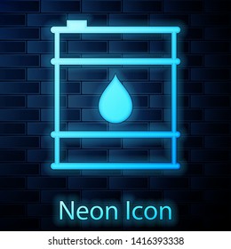Glowing neon Oil barrel line icon isolated on brick wall background. Oil drum container. For infographics, fuel, industry, power, ecology. Vector Illustration
