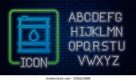 Glowing neon Oil barrel line icon isolated on brick wall background. Oil drum container.   Neon light alphabet. Vector Illustration
