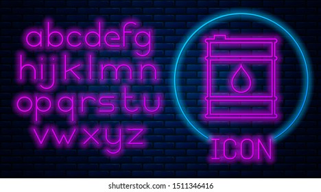 Glowing neon Oil barrel line icon isolated on brick wall background. Oil drum container. For infographics, fuel, industry, power, ecology. Neon light alphabet. Vector Illustration