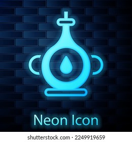 Glowing neon Oil bottle icon isolated on brick wall background.  Vector