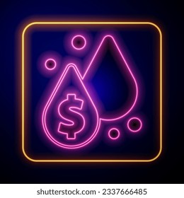 Glowing neon Oil drop with dollar symbol icon isolated on black background. Oil price. Oil and petroleum industry.  Vector