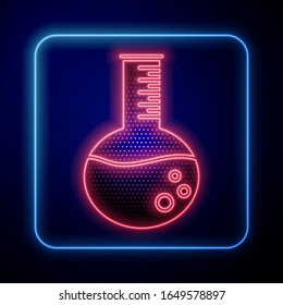 Glowing neon Oil petrol test tube icon isolated on blue background.  Vector Illustration