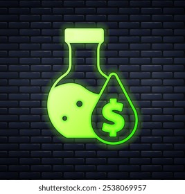 Icono brillante del tubo de ensayo de la gasolina del aceite del neón aislado en fondo de la pared del ladrillo. Matraz de química y caída de gota.  Vector