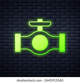 Glowing neon Oil pipe with valve icon isolated on brick wall background.  Vector