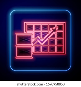 Glowing neon Oil price increase icon isolated on blue background. Oil industry crisis concept.  Vector Illustration