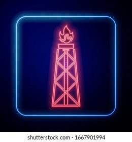 Glowing neon Oil rig with fire icon isolated on blue background. Gas tower. Industrial object.  Vector Illustration