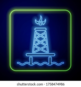 Glowing neon Oil rig with fire icon isolated on blue background. Gas tower. Industrial object.  Vector Illustration