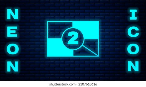 Glowing neon Old film movie countdown frame icon isolated on brick wall background. Vintage retro cinema timer count.  Vector