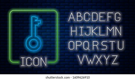 Glowing neon Old key icon isolated on brick wall background. Neon light alphabet. Vector Illustration